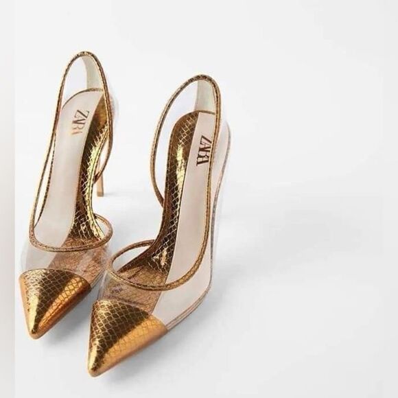 ZARA BRONZE METALLIC VINYL HEELS PUMPS - Picture 5 of 9
